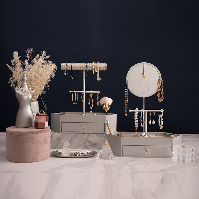 ออแกไนเซอร์เครื่องประดับรูปตัว T ออแกไนเซอร์โต๊ะไม้เครื่องสำอางพร้อมกระจกกลม