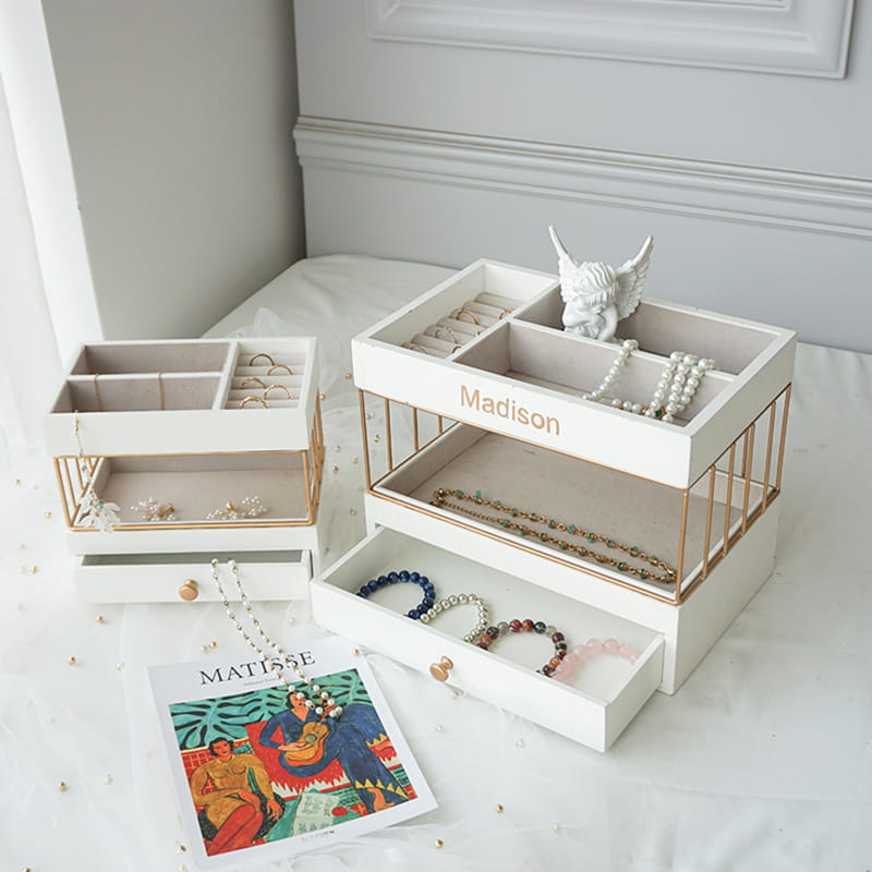 มัลติฟังก์ชั่กำมะหยี่กล่องเครื่องประดับออแกไนเซอร์กล่องเครื่องประดับอะครีลิค 3 ลิ้นชักสำหรับต่างหูกำไลข้อมือสร้อยข้อมือสร้อยคอแหวน Storage